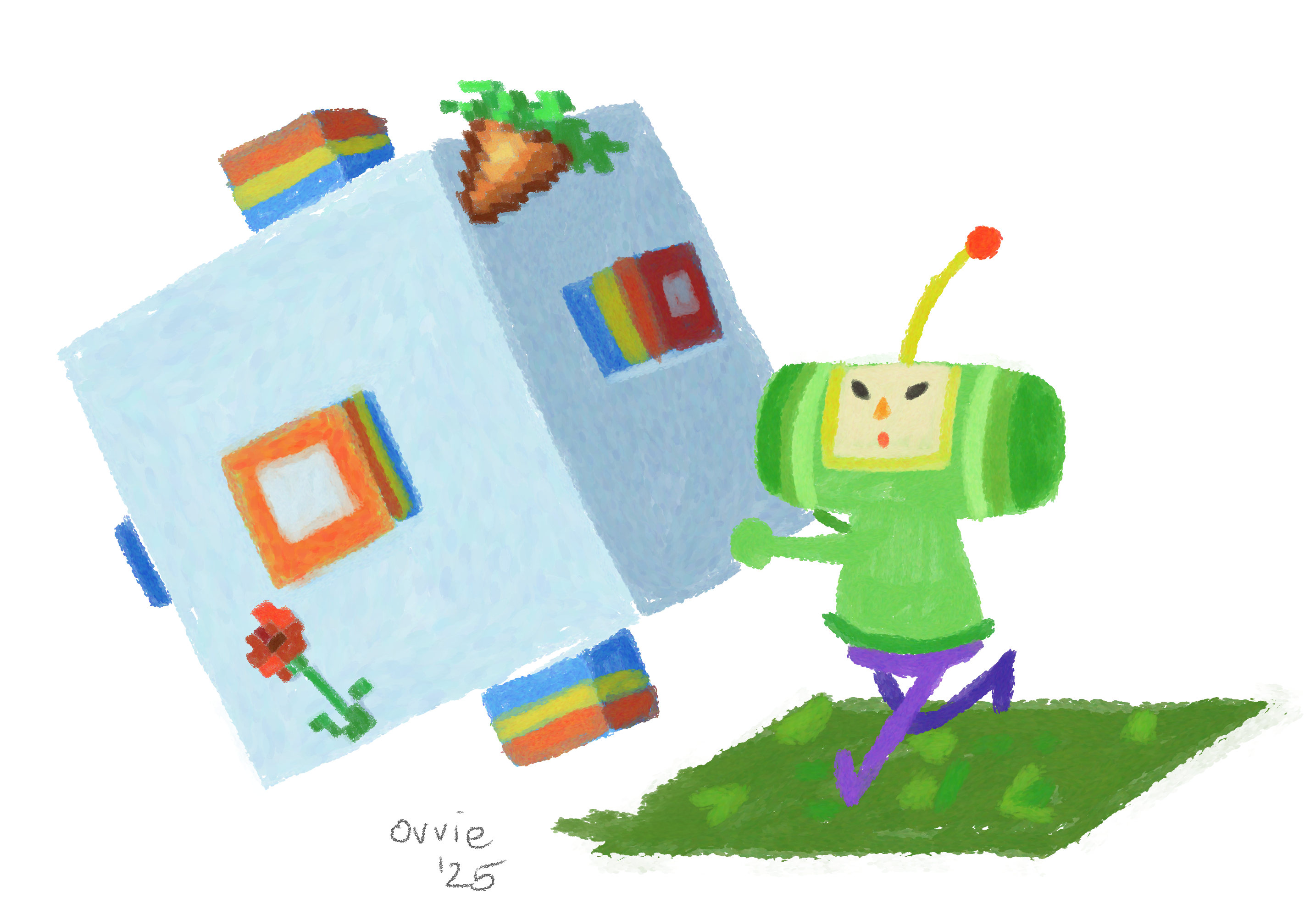 an illustration showing prince of all cosmos from katamari damacy rolling a blocky katamari ball (is it even a ball?)

the objects rolled up are a carrot and a poppy from minecraft. hes in the minecraft world