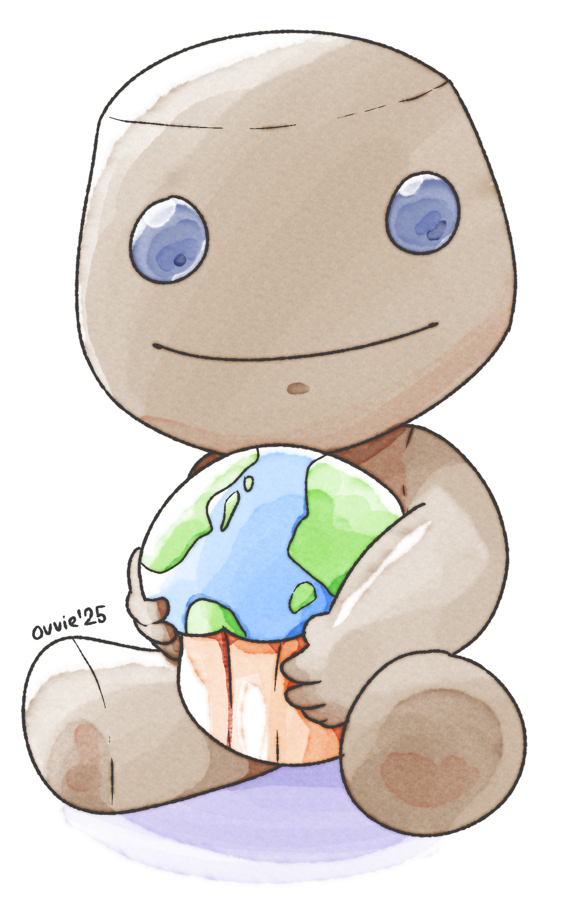 a digital watercolor drawing of sackboy, a brown sack plushie, holding a cupcake that looks like the earth.