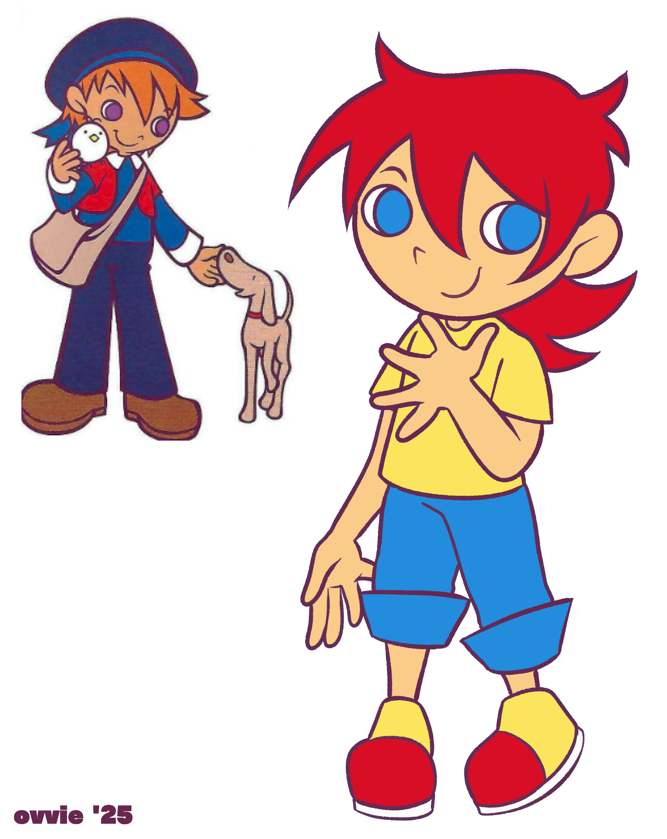 a pic showing a pre-existing pop'n music character (on left), and on right a random character design i made with the same artstyle. the character has red medium length straight hair, blue eyes, pale skin, yellow t-shirt, blue pants and red+yellow shoes