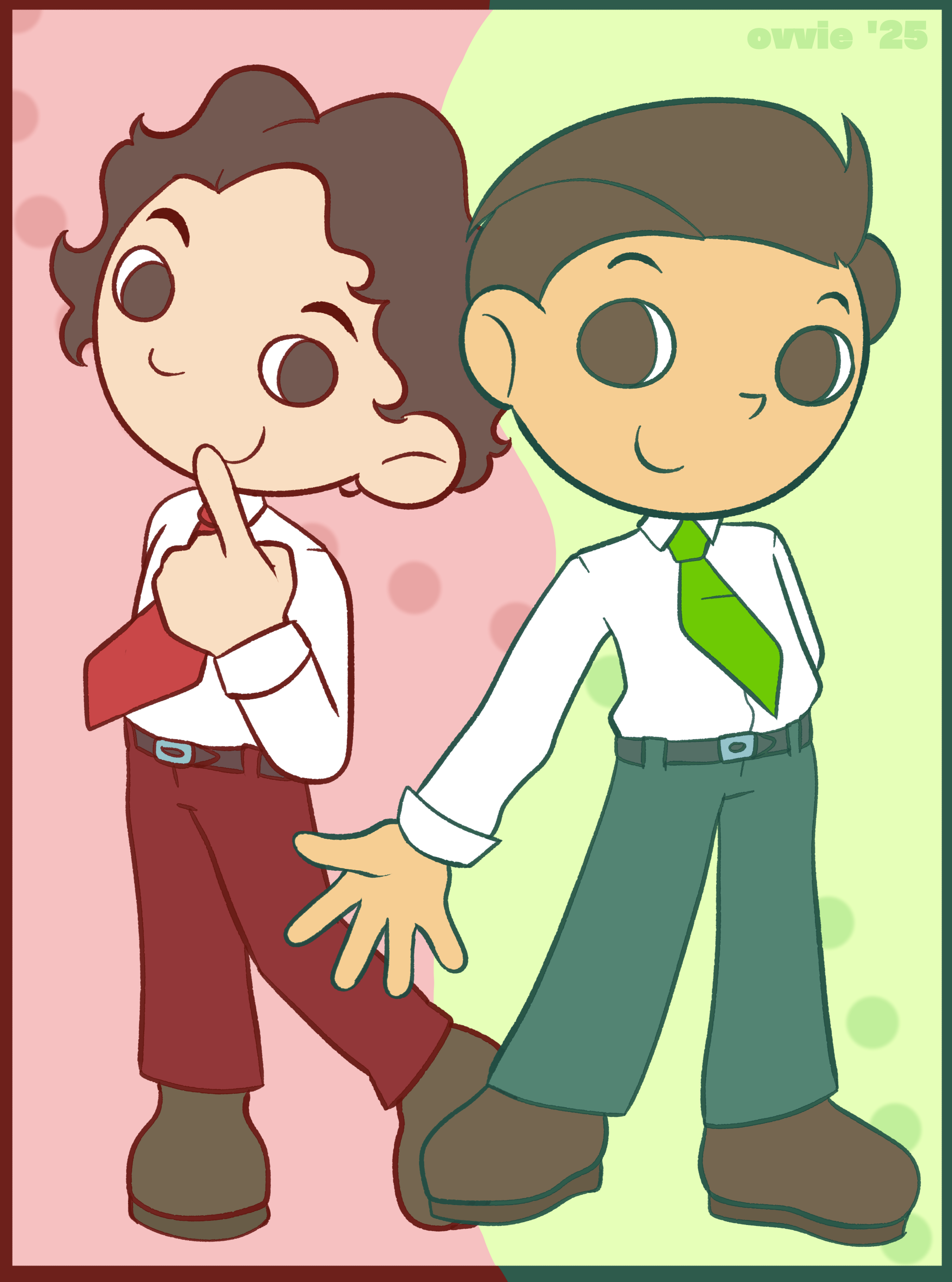 an illustration showing jesse klaver (left, pale brown-eyed guy with curly brown hair, white office shirt, red tie, dark red pants and brown shoes) and rob jetten (right, tanned brown-eyed guy with short brown hair brushed back, in a white office shirt, green tie, dark green pants and brown shoes)