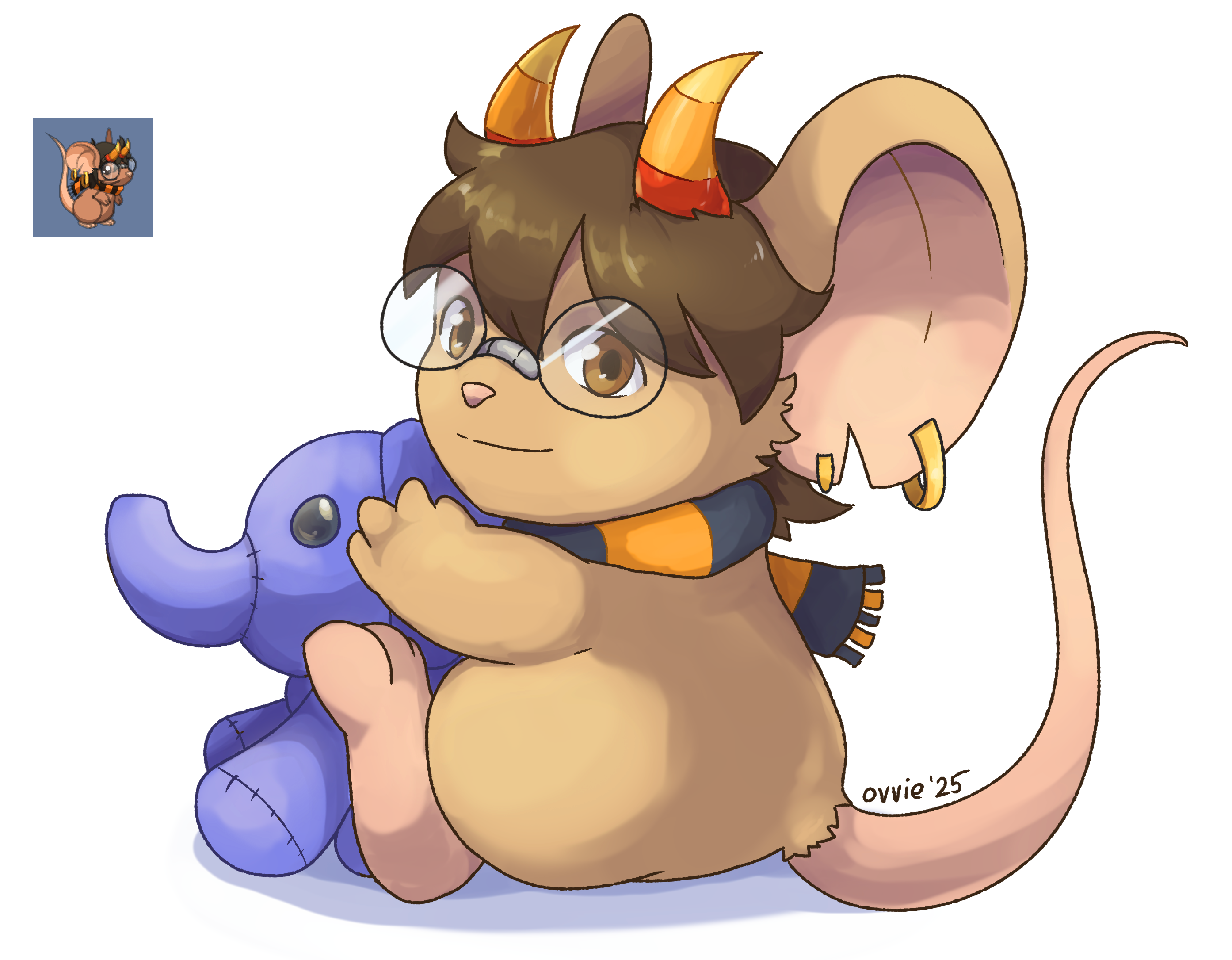an anthropomorphic (?) beige mouse with brown short hair, candy-corn horns, earrings and a black-orange scarf hugging a mastodon plushie. the artstyle largely looks like transformice's artstyle. next to the drawing there's an ingame reference image of the character