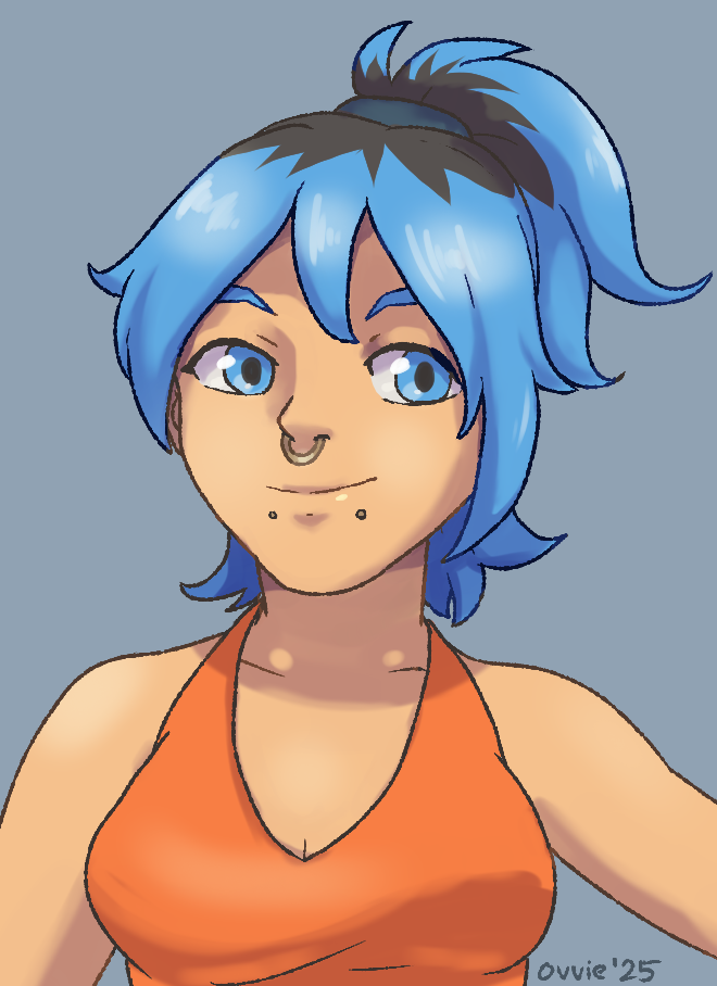 a fem-presenting human with blue hair tied into a ponytail (with black roots), blue eyebrows and eyes. the person has a septum ring and 2 other piercing near lips. they wear an orange tanktop
